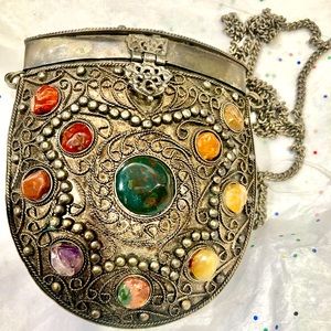 Vintage Sajai Handmade Metal Natural  Multicolor Agate Scroll Box Coin Purse